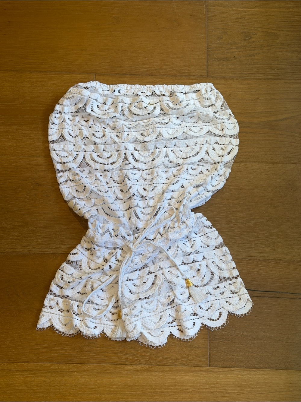 Pilyq White Lace Strapless Romper with Drawstring Waist